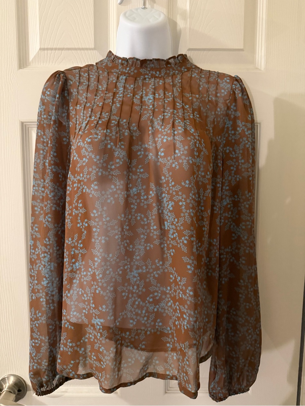 a.n.a Brown Blouse with Light Blue Floral Print and Ruffle Collar